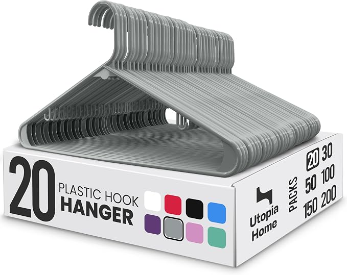 Utopia Home Plastic Hangers 20 Pack – Built-in Strap Hooks Grey | Space saving by UTOPIAHOME