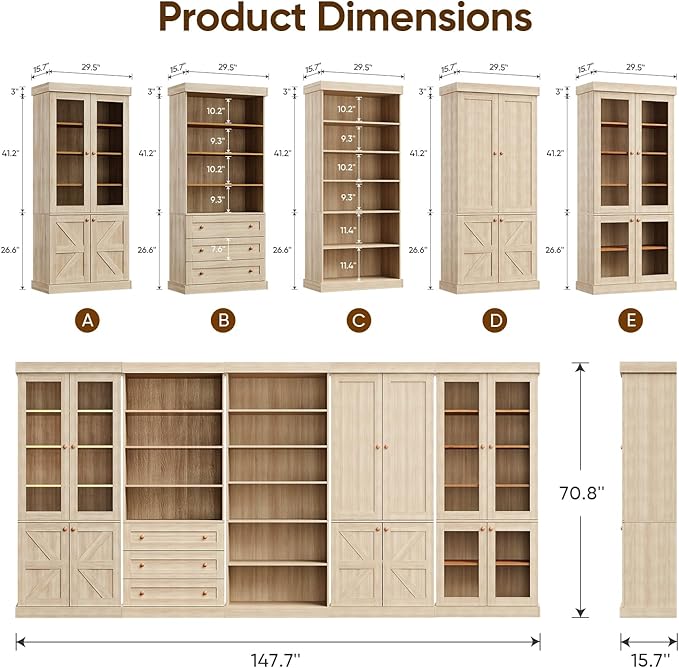 70.8" Tall Bookshelf with Doors, Farmhouse Modular Bookcase with 4-Tier Adjustable Shelves, Large Storage Cabinet for Home Office, Living Room, Brown, Set of 3