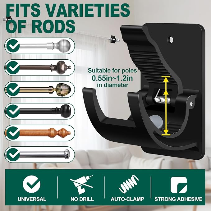No-Drill Curtain Rod Brackets, 8 Pack Adhesive Holders - Image 2