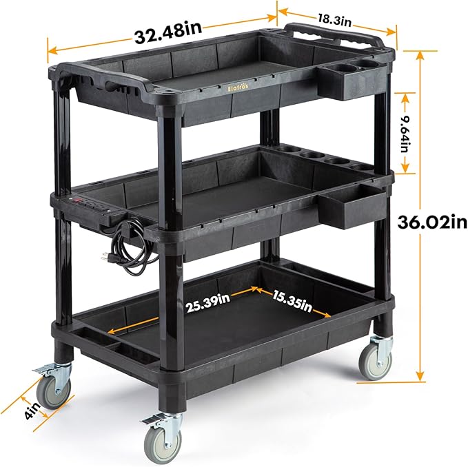 ELAFROS Multi-Use Rolling Cart with Power Strip – Industrial-Grade Plastic Utility Cart with 3 Deep Plastic Shelves, 500 lbs Capacity, 32.4"x18.3", Work cart, Black