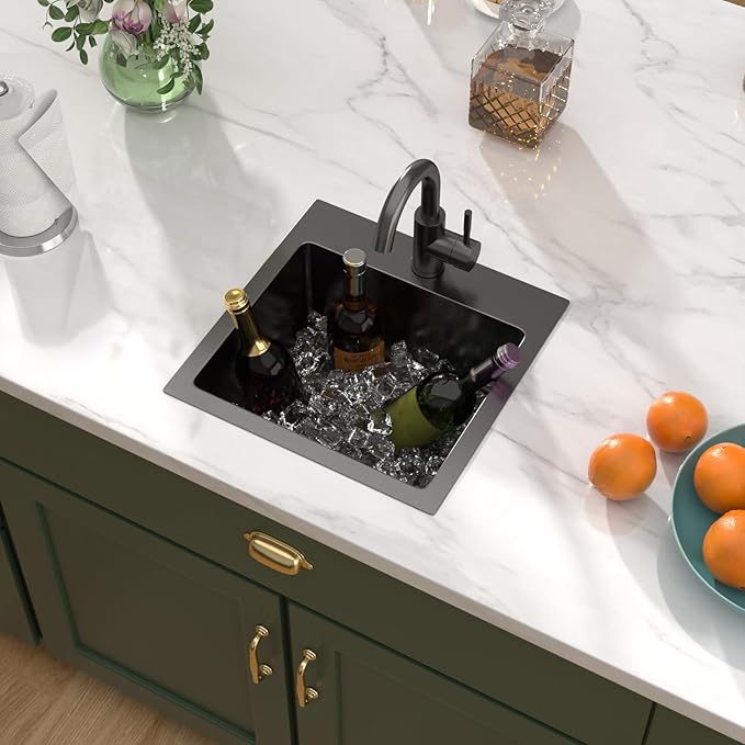 Bar Sink with Faucet - 15x15 Inch Gunmetal Black Bar Sink 16 Gauge Stainless Steel Drop In Rv Kitchen Sinks Top Mount Single Bowl Small Wet Sinks #TLT-0017