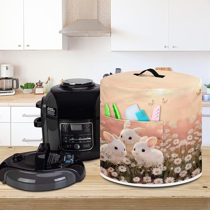 Xoenoiee Rabbit Butterfly Daisy Print Kitchen Appliance Dust Cover with Pockets, Electric Pressure Cooker Cover Compatible with Crock Pot for Easter Decor, Rice Cooker Covers, for 3 Qt