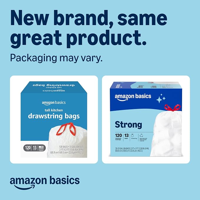 Amazon Basics Trash Bags, Tall Kitchen Drawstring, 13 Gallon, Packaging May Vary - Image 2
