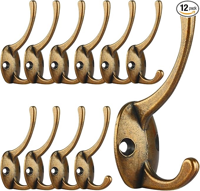 IBosins 12 Pack Antique Brass Double Coat Hooks Wall Mounted by IBosins