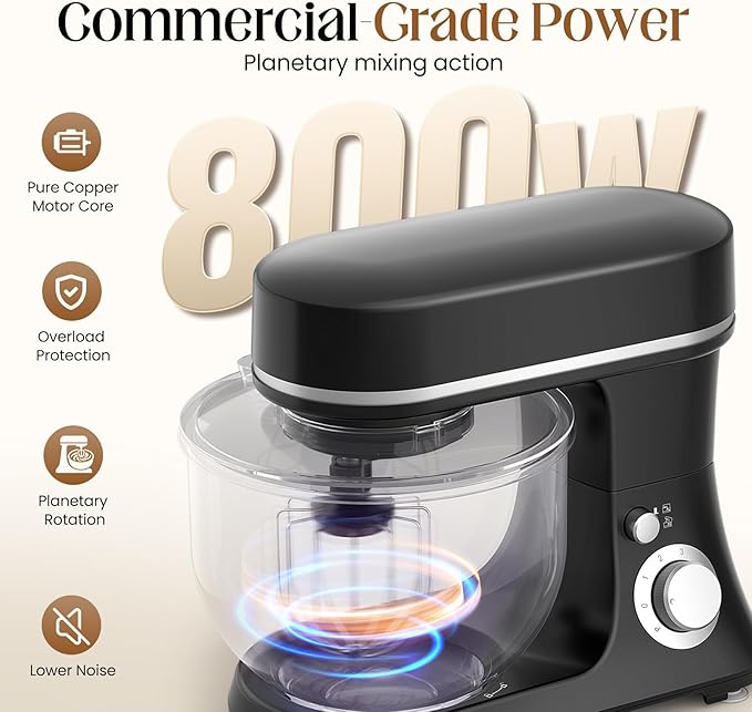 800W Stand Mixer with 5.3QT Stainless Steel Bowl - 6+P Adjustable Speed Electric Kitchen Mixer with Dough Hook, Whisk & Beater, Tilt-Head & Non-Slip Design- Black (YD-385NS)