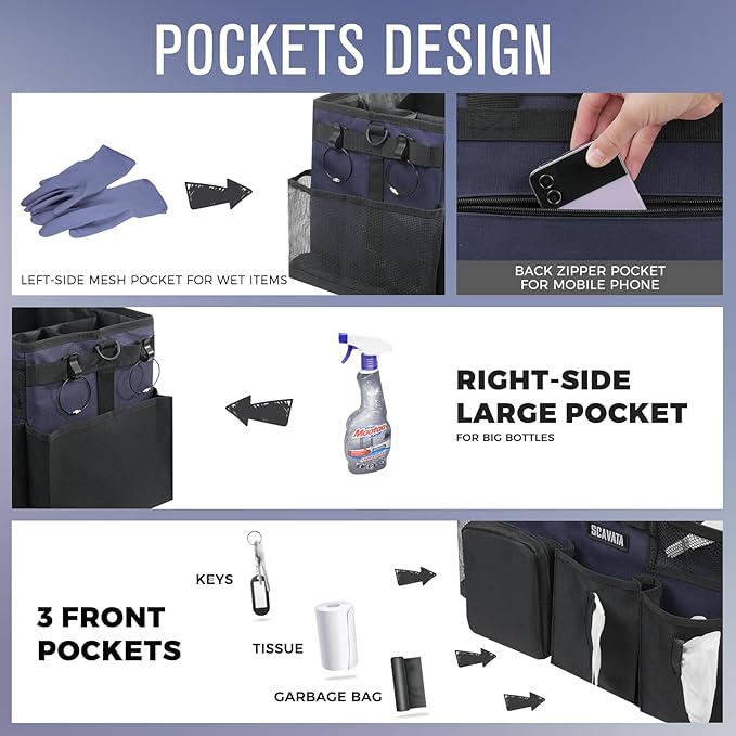 Wearable Cleaning Caddy Bag, Cleaning Caddy Supplies Organizer with Handle & Shoulder Straps for Housekeepers, Under Sink & Car Cleaning Tool Organizers with 4 Foldable Divider (DarkBlue)
