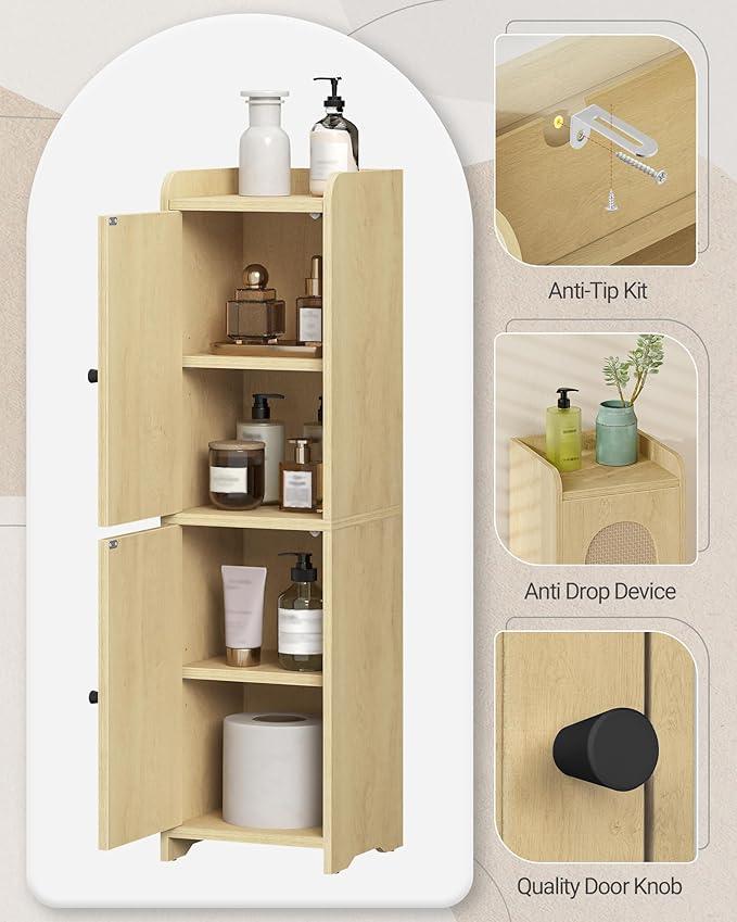 Bathroom Storage Cabinet, Small Corner Floor Cabinet with 2 Doors and Adjustable Shelf, Narrow Toilet Paper Cabinets, Bathroom Organizer for Small Spaces, 7.9"D x 7.9"W x 29.5"H Rattan Yellow