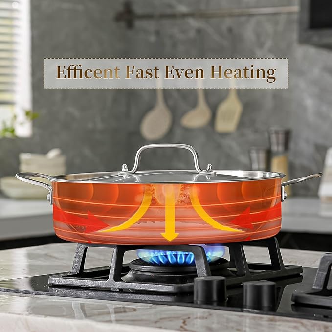 DELARLO 8Quart Tri-Ply Stainless Steel Non Stick Braiser Pan with Lid,13inch Deep Frying Pan,Large Saute Pan,Jumbo Cooker,Induction Compatible,Heavy Duty and Oven Safe