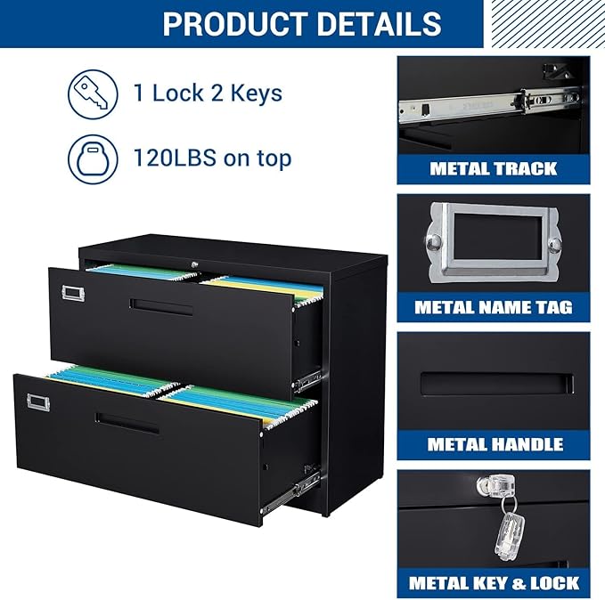 Lateral File Cabinet with Lock, 2 Drawer Large Metal Filing Cabinet,Home Office Lockable Storage Cabinet for Hanging Files Letter/Legal/F4/A4 Size-Assembly Required