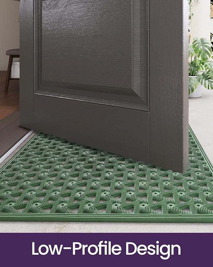DEXI Front Door Mat Outside Entrance Rubber 19x30, Welcome Floor Doormat Heavy Duty Non Slip, Dirt Trapper Waterproof Exterior Entry Mats All Weather for Patio Entryway Drainage, Green