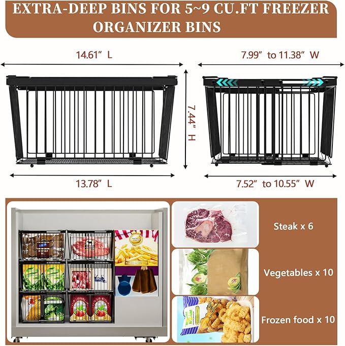 Large Freezer Organizer Bins，Upgraded Bottom Leak-Proof net，Fit 5 to 9 Cu Ft Chest Freezer，5 Pack， Expandable Stackable Chest Freezer Containers with Handle (Black-5P)