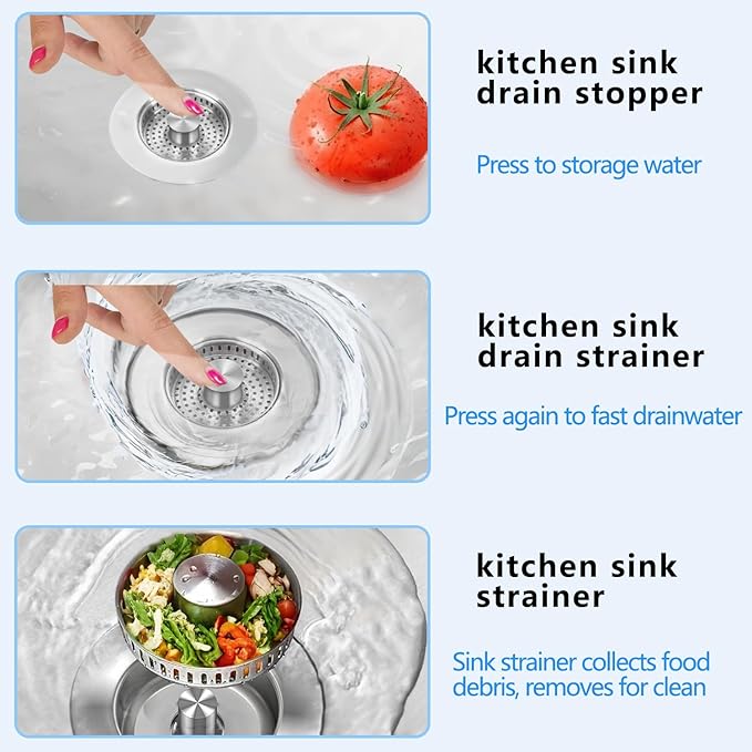 3-in-1 Kitchen Sink Drain Strainer & Stopper, Stainless Steel Food Catcher Plug with Filter Basket, Fits 3-1/2 Inch Drain Hole, Universal Sink Protector Cover, Anti-Clogging, Silver - 2Pack