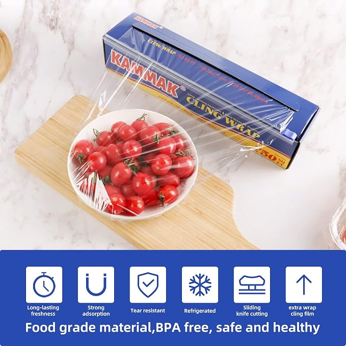 KAMMAK Plastic Food Wrap with Slide Cutter Kitchen Cling Wrap 12 inch - Image 5