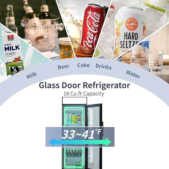 ICECASA 24" W Merchandiser Commercial Display Refrigerator Single Glass Door Reach-in 18 Cu.ft Display Refrigerator Fan Cooling for Restuarant, Bar, Shop, etc