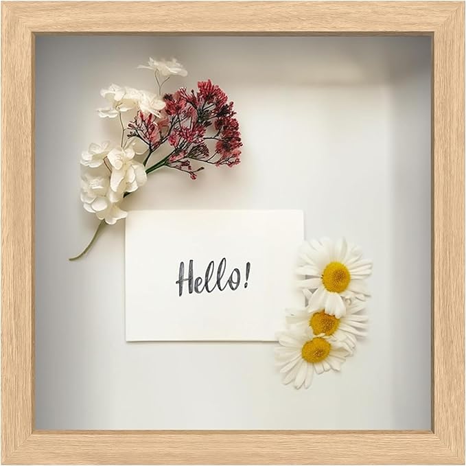 FrameWorks 11” x 11” Natural Oak Wooden Shadow Box Frame – Display Case with Soft Felt Back, Memory Box with Tempered Glass, Display Box with Elegant White Ball Push Pins, Wooden Flower Box