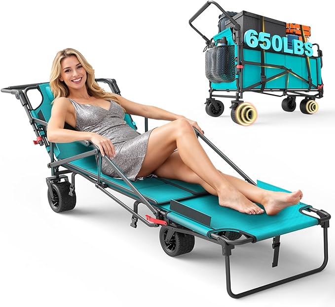 LEVELEVE Heavy Duty Folding Wagon - 2-in-1 Collapsible Cart, 650lb Capacity, All-Terrain Wheels w/Brakes & Side Pockets (Sky Blue)