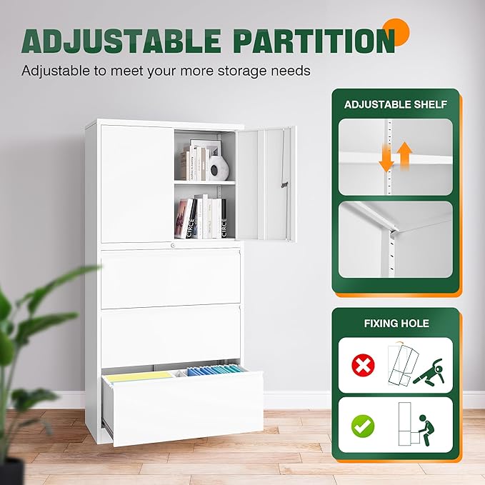 Letaya 3 Drawer Metal Storage Cabinets for Home Office,File Cabinet with Lock and 2 Adjust Shelves-Hang Filing Legal/Letter/A4/F4 Size（White）