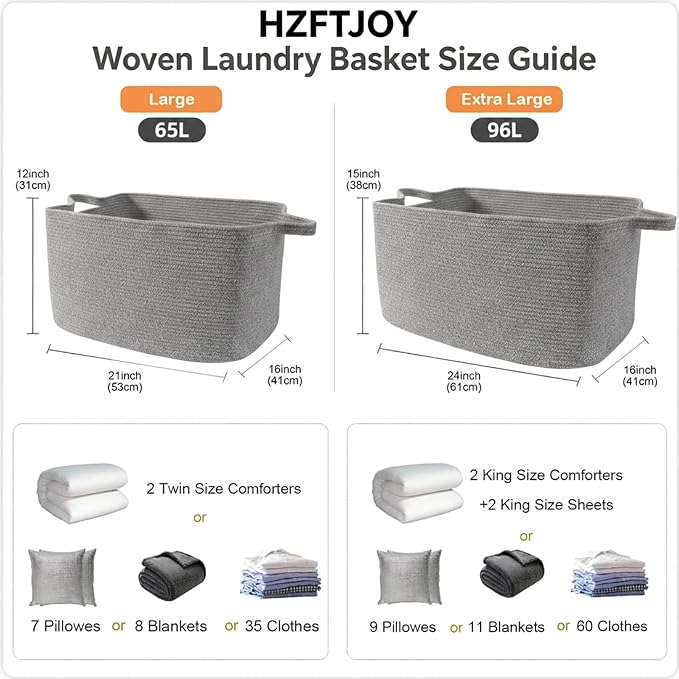 96L Woven Laundry Basket with Handles, Extra Blanket Basket - Image 2