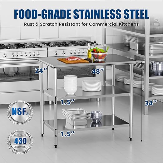 Stainless Steel Work Table 24 x 48 Inch with 2 Adjustable Undershelves, Heavy-Duty Metal Prep Table for Commercial Kitchen & Restaurant, Garage, Outdoor