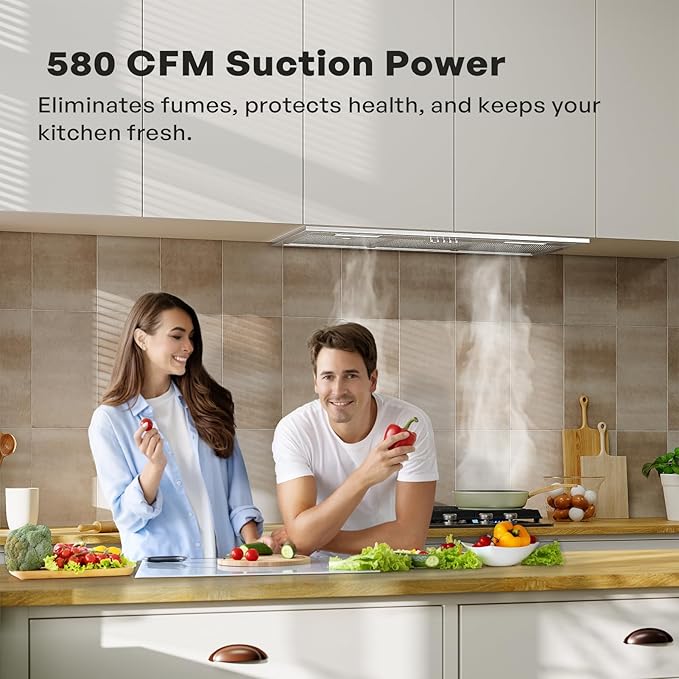 Range Hood Insert 36 Inch, Built-in Kitchen Hood with 580 CFM, 5-Layer Aluminum Mesh Filter, Ducted/Ductless Convertible Duct, Stainless Steel Kitchen Vent Hood, 3-Speed Controls, LED Lights