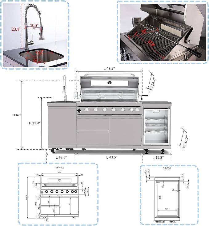 Outdoor Kitchen Island, 82 Inch 6 Burner Gas Grill Combination With Refrigerator and Sink, Outdoor Stainless Steel Barbecue Bar, Propane Grill, 85000 BTUs (82"-Silver, Propane)