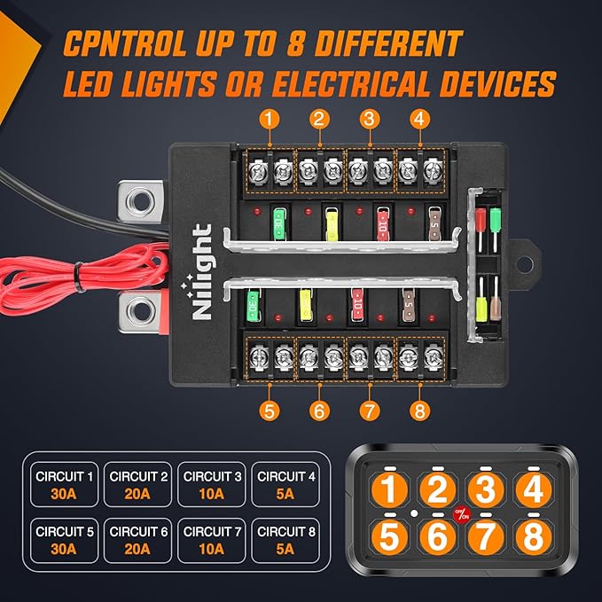Nilight 8 Gang Switch Panel Circuit Control Relay System APP RGB Backlight Fuse Wiring Harness Automatic Dimmable ON Off LED Switches Pod for 12V 24V Cars Trucks Campers SUV