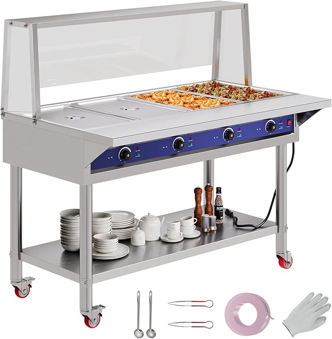Jocisland 4-Pan 96QT Commercial Food Warmer, 1800W Stainless Steel Buffet Server with Independent Temp Controls, Acrylic Shield, Undershelf, Wheels, Food Tongs, 110V