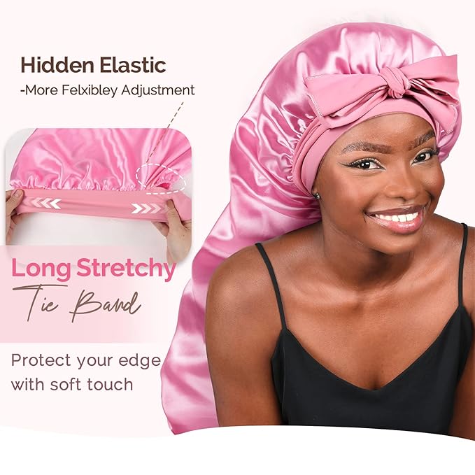 YANIBEST Long Bonnet Satin Bonnet for Sleeping Braid Bonnet with Tie Band Silk Sleep Bonnet for Women Locs Pink