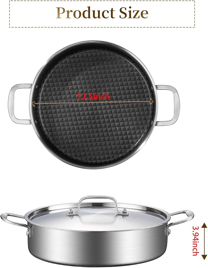 DELARLO 7Quart Tri-Ply Stainless Steel Non Stick Braiser Pan with Lid,Deep Frying Pan,Large Induction Skillet,Jumbo Cooker,Heavy Duty and Oven Safe.Large Saute Pan,Dishwasher and Oven Safe to 550℉