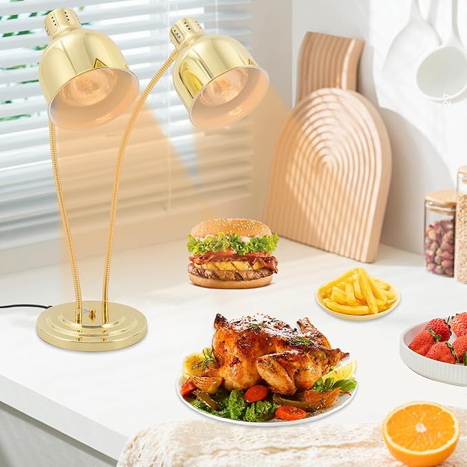2-Head Food Heat Lamp Warmer Gold, 500W Double Bulbs Buffet Display Heating Preservation Light for Buffet, Electric Portable Heating Lamp with 360°Adjustable Head Independent Switch(Gold, Style2)