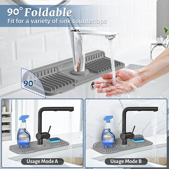 PoYang 14.6 Inch Faucet Mat for Kitchen Sink Splash Guard, Snap Button Holds It - Image 2