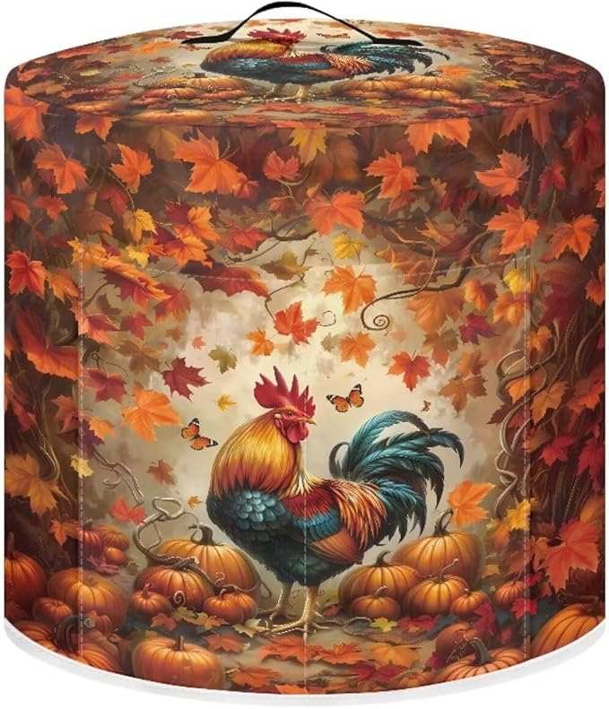 Xoenoiee Rooster Maple Leaf Kitchen Appliance Dust Cover with Pockets, Electric Pressure Cooker Cover Compatible with Crock Pot, Rice Cooker Covers Fall Decor, for 6 Qt Pot