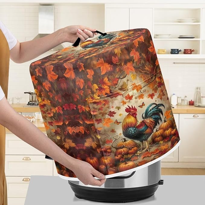 Xoenoiee Rooster Maple Leaf Kitchen Appliance Dust Cover with Pockets, Electric Pressure Cooker Cover Compatible with Crock Pot, Rice Cooker Covers Fall Decor, for 8 Qt Pot
