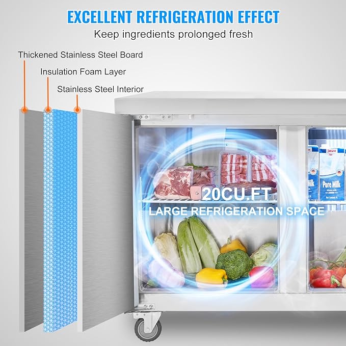 VEVOR 72" Commercial Refrigerator Sandwich & Salad Prep Table, 20 Cu. Ft Stainless Steel Refrigerated Food Prep Station with 3 Doors, Frost Free Refrigerator with Lock for Restaurant, Bar, Store