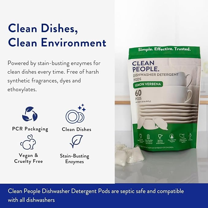 The Clean People Dishwasher Pods - Cuts Grease & Rinses Sparkling Clean - Residue-Free - Phosphate Free Dishwashing Pods (60 Count, Lemon Verbena)