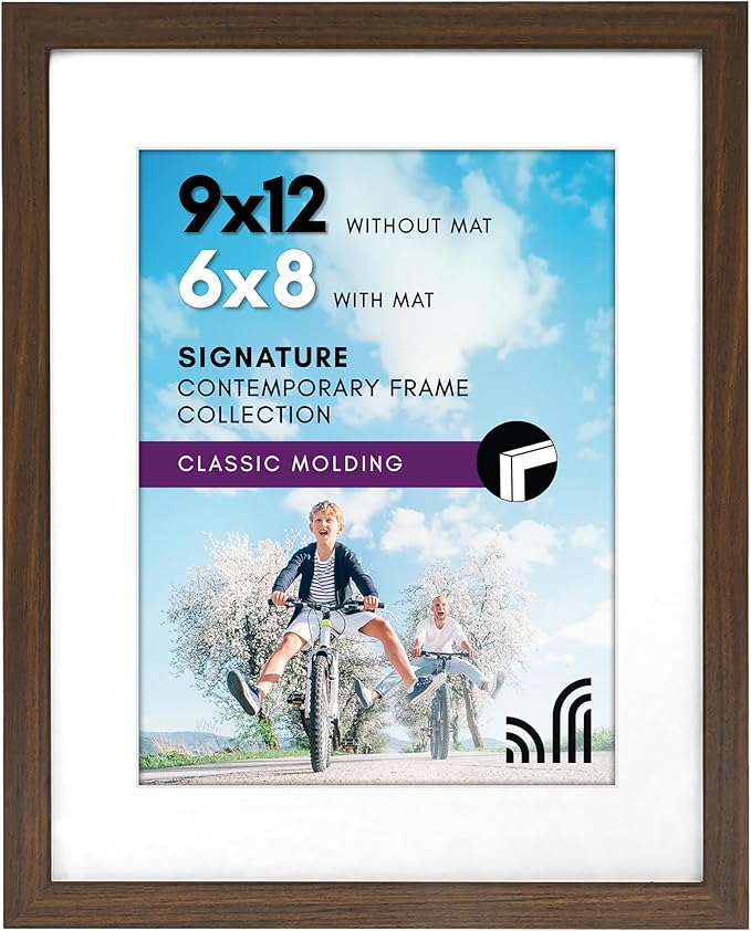 Americanflat 9x12 Picture Frame with Shatter-Resistant Glass - Use as 6x8 Frame with Mat or Display 9x12 Photo Without Mat - Signature Collection - Picture Frames for Tabletop and Wall - Walnut