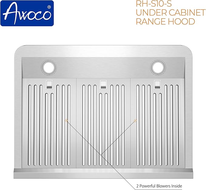 Awoco 36” Supreme 7” High Stainless Steel Under Cabinet Range Hood 4 Speeds, 8” Round Top Vent, 1000CFM 2 LED Lights, Remote Control & External Oil Collector (RH-S10-36S)