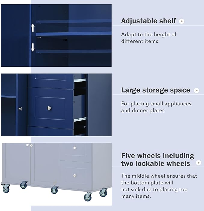 Favfurish 52.7" Rolling Mobile Kitchen Island Cart with Drop Leaf Wood Top, Adjustable Shelves Coffee Bar Trolley on Lockable Casters & Storage Cabinet & 3 Drawers for Dining Room, Dark Blue