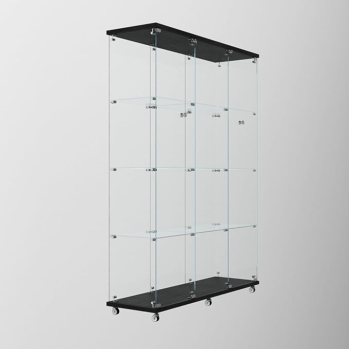 Glass Display Cabinet with LED Light Strip, 12 Shelves 3 Column 2 Doors, Large Curio Storage Cabinets with Lock & Caster for Living Room, Office, Floor Standing Glass Bookshelf - Black