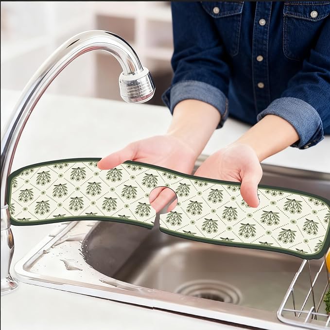 2 Pcs Kitchen Sink Splash Guard Faucet Mat Green Flowers Faucet Mats - Image 6