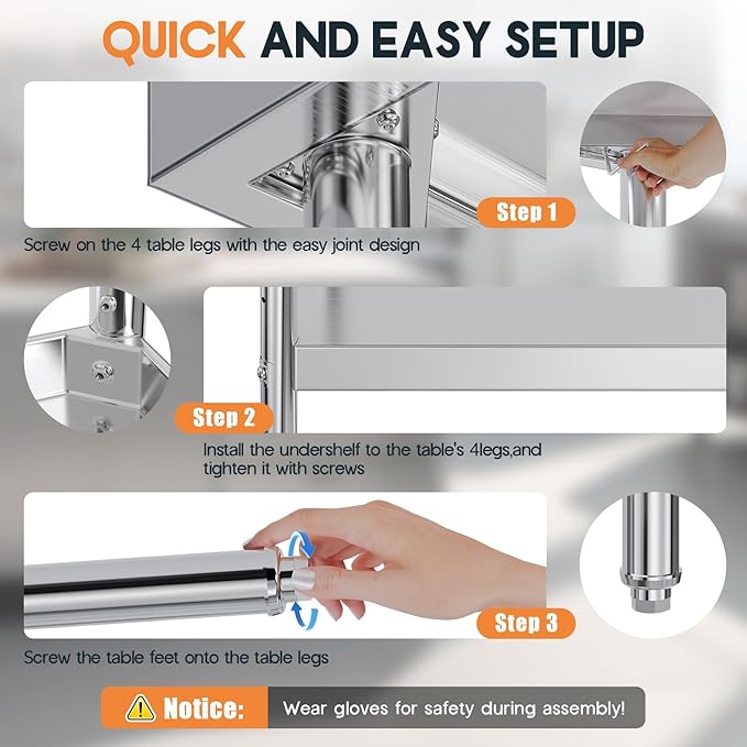 Jocisland 30" x 96" Stainless Steel Table for Prep & Work Adjustable Under Shelf and Feet, for Commercial Kitchen, Restaurant, Hotel and Garage