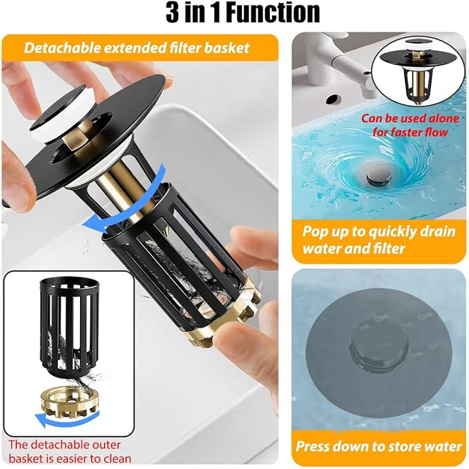 Anlige 3 in 1 Pop Up Bathroom Sink Stopper, Bathroom Sink Drain Strainer - Image 3