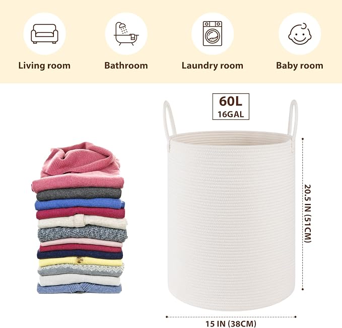 OIAHOMY 60L Nursery Hamper Laundry Basket Laundry Hamper White - Image 2