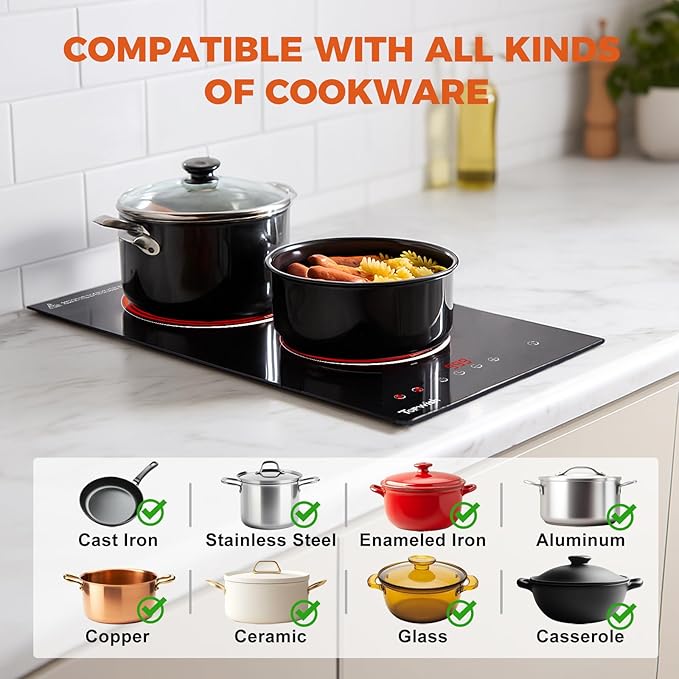Electric Cooktop, TOPWISH 2 Burner Electric Cooktop Built-in, 110V Plug in Cook Top Stove Burners for Cooking, 12 Inch Stove Top with Touch Control, Timer, Child Lock, Over Heat Protection