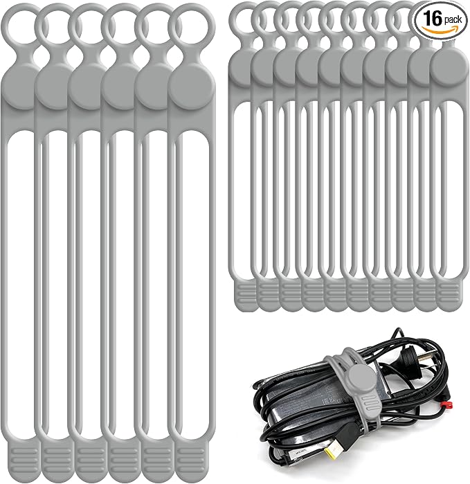 Silicone Cable Ties, Cord Organizer Cable Management, 2Sizes-Grey | Reusable by ELECTRONICSORGANIZATION