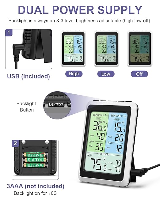 Refrigerator Thermometer with Alarm - 4.5 inch Wireless Fridge Thermometer with 2-Level Backlight, 2 Sensors, Digital Freezer Thermometers with Max/Min Records, for Homes Restaurants Cellars