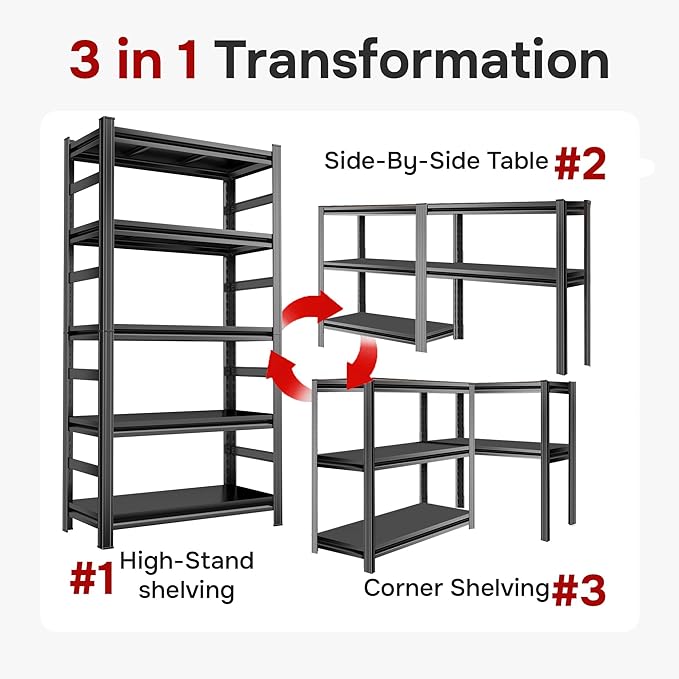 72" H Metal Garage Shelving Unit, 5-Tier Heavy Duty Storage Shelves, 3000 lbs Capacity, Adjustable, Industrial Steel Utility Shelf for Garage, Workshop, Basement, 35" Wx16 D, Black