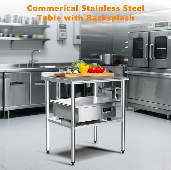 ROVSUN 30'' x 24'' Stainless Steel Table for Prep & Work,Commercial Worktables & Workstations, NSF Heavy Dut Metal Table with Adjustable UnderShelf & Backsplash for Kitchen, Restaurant,Home,Hotel