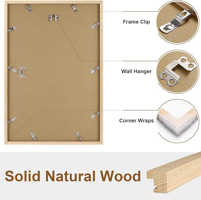 Vittanly 12x18 Picture Frame, Solid Wood Frame with Plexiglass, Includes 11x17 Mat, Wall Hanging for Photos, Home Decor, Natural, 1 Pack