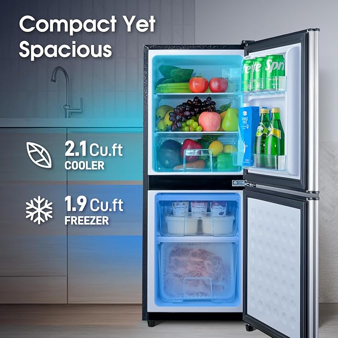 4.0 Cu.Ft Fridge with Bottom Freezer, Double Door Refrigerator with Drawer, 7 Level Temperatures, Adjustable Shelves for Bedroom, Dorm, Office, Apartment, Silver